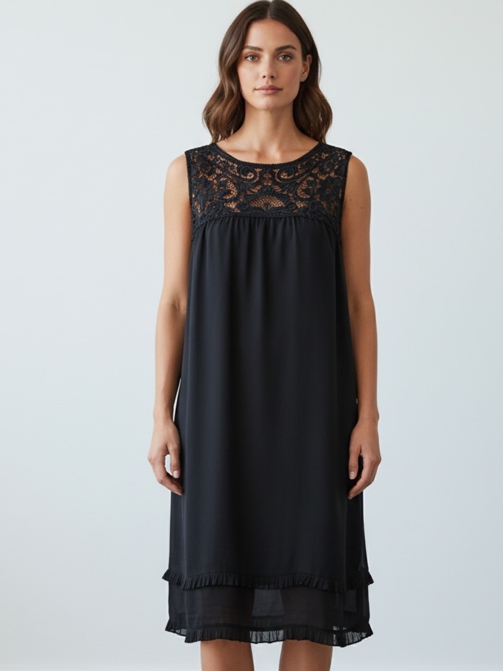 MSSP Black Silk Shift Dress with Lace Details Medium